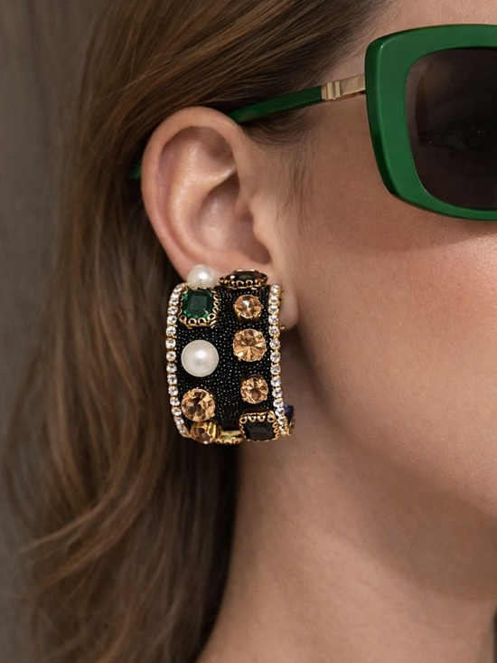 Anthropologie Jewelry - Anthropologie Black Hoop Earrings with Gold, Pearl & Emerald Accents